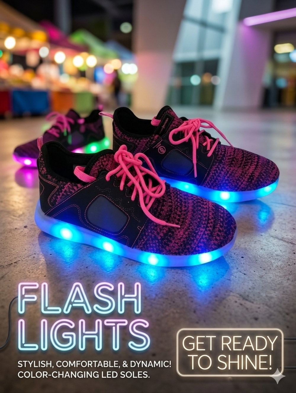 Flash Lights LED Light-Up Rechargeable Sneakers - Pink, Green, & Blue - Size 6